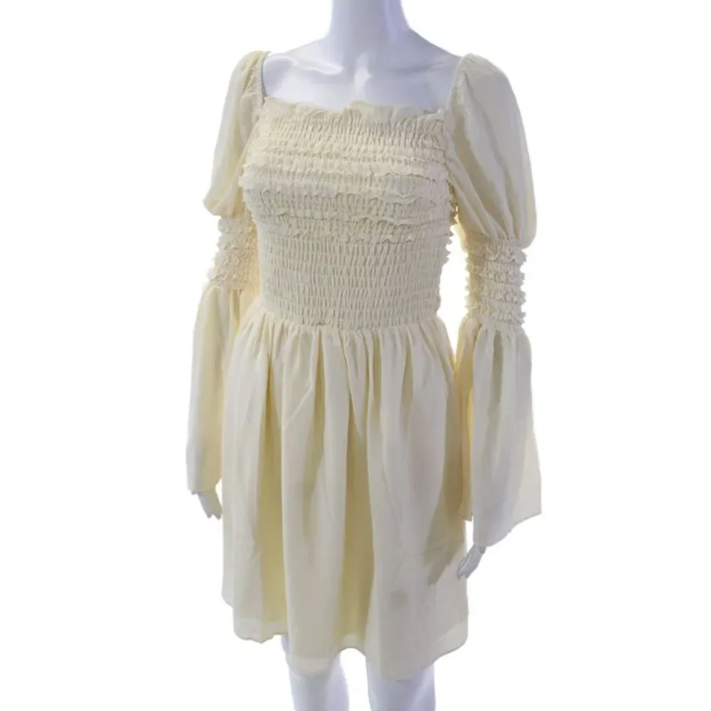 OPT Womens 3/4 Sleeve Off Shoulder Smocked Shift Dress Cream White Size Medium